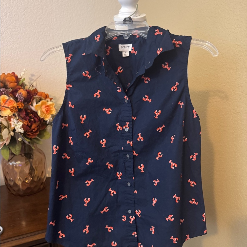 J. Crew Navy Sleeveless Button-Down Top with Coral Lobster Print - Picture 2 of 5